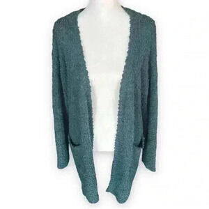 LISTICLE Cardigan Sweater Mohair Blend Open Front Long Chunky Knit Teal Small